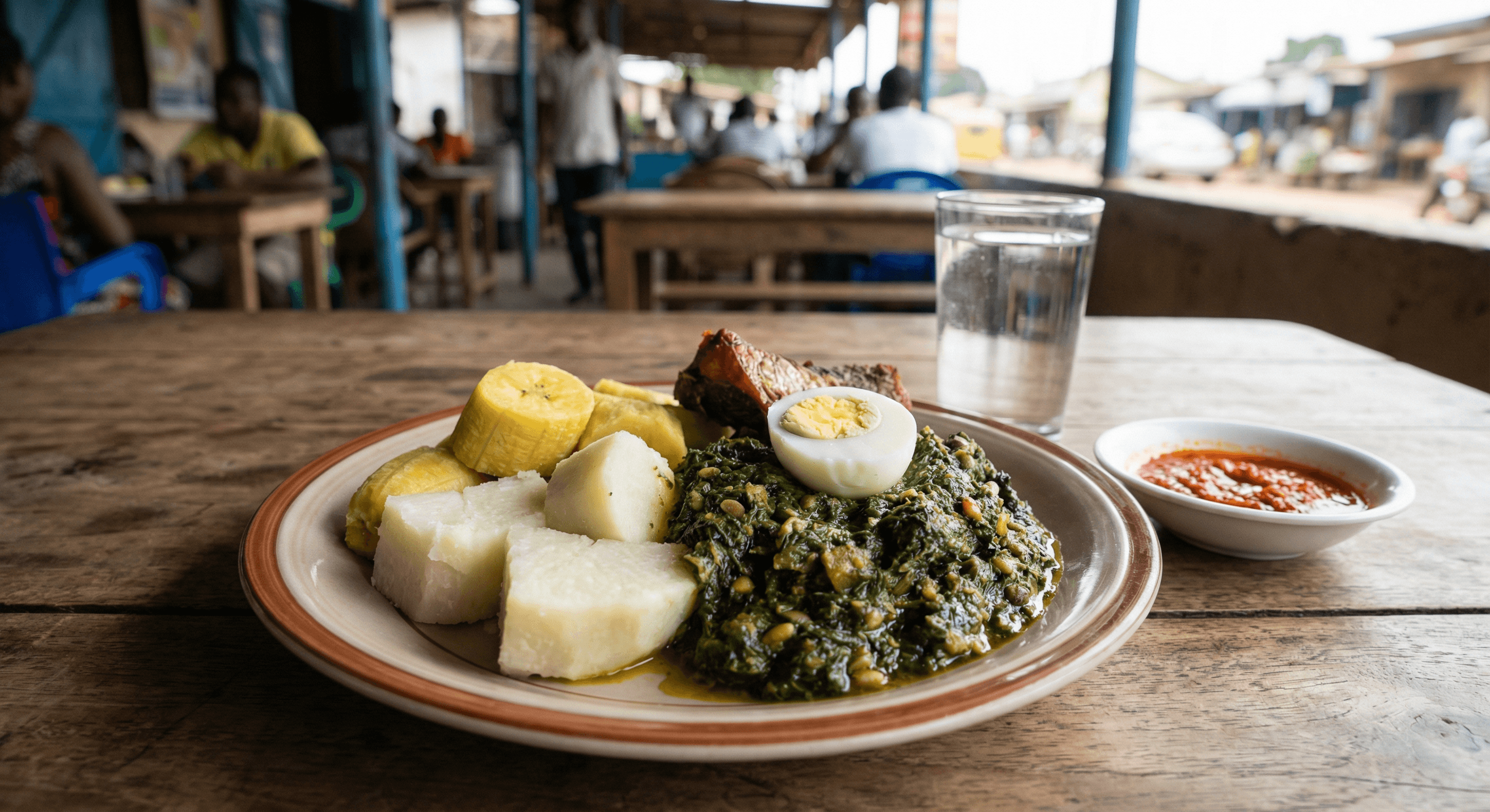 Ampesi, boiled yam and plantain with kontomire