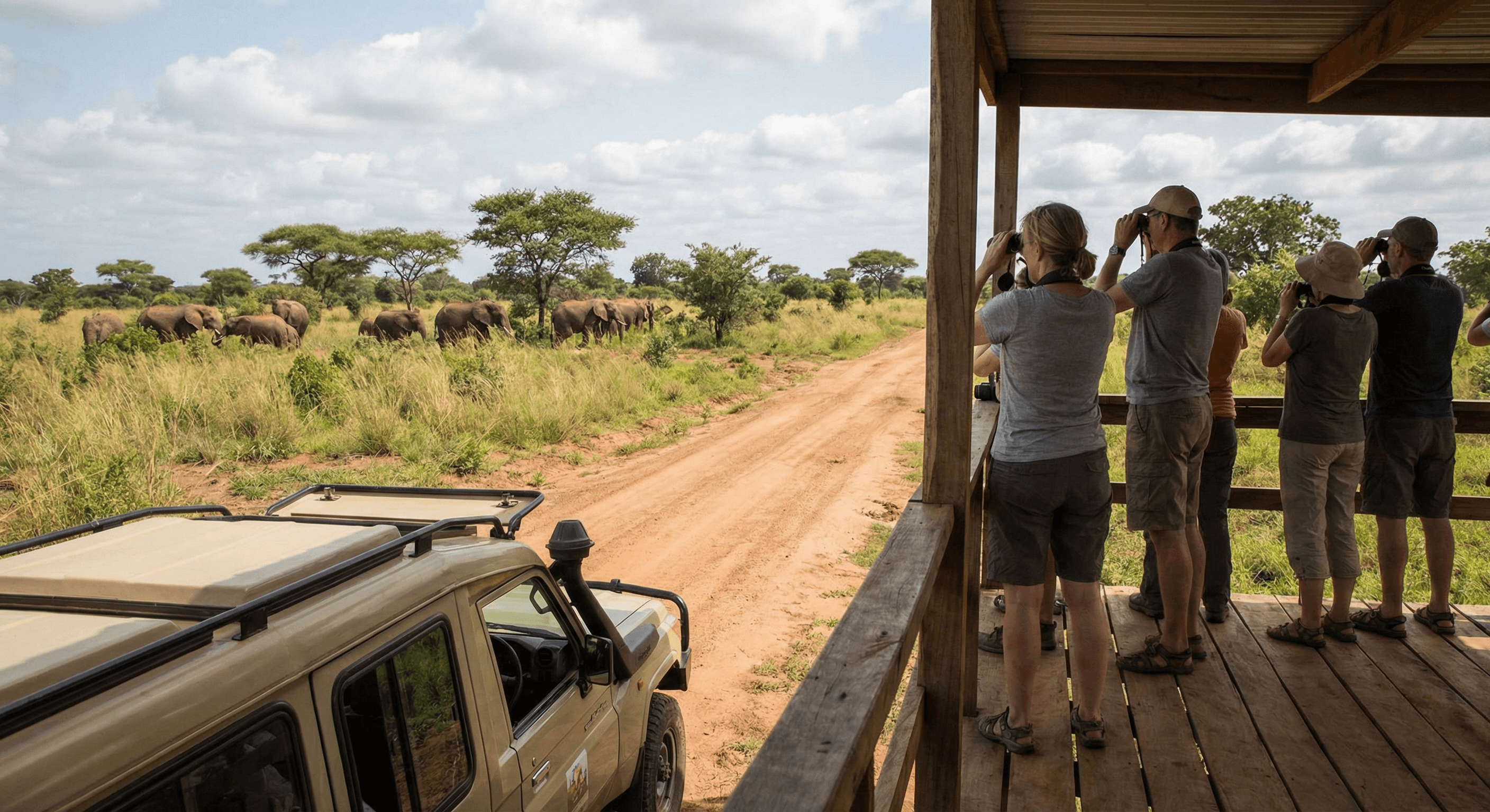 Elephants in Ghana savanna viewed from safe distance on safari
